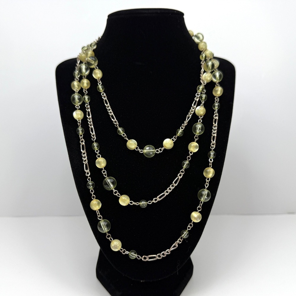 Long Glass Beaded Necklace Layering Silver Tone Green Beads Fashion Jewelry 30in
